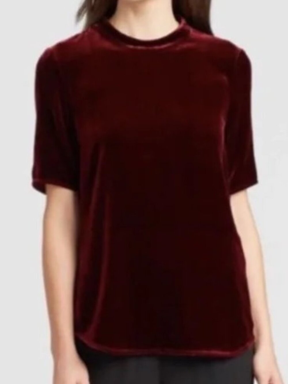 NWT $238 Eileen Fisher Claret Velvet Mock-Nk Top S Silk-Ray, Curvy Hem, MachWash